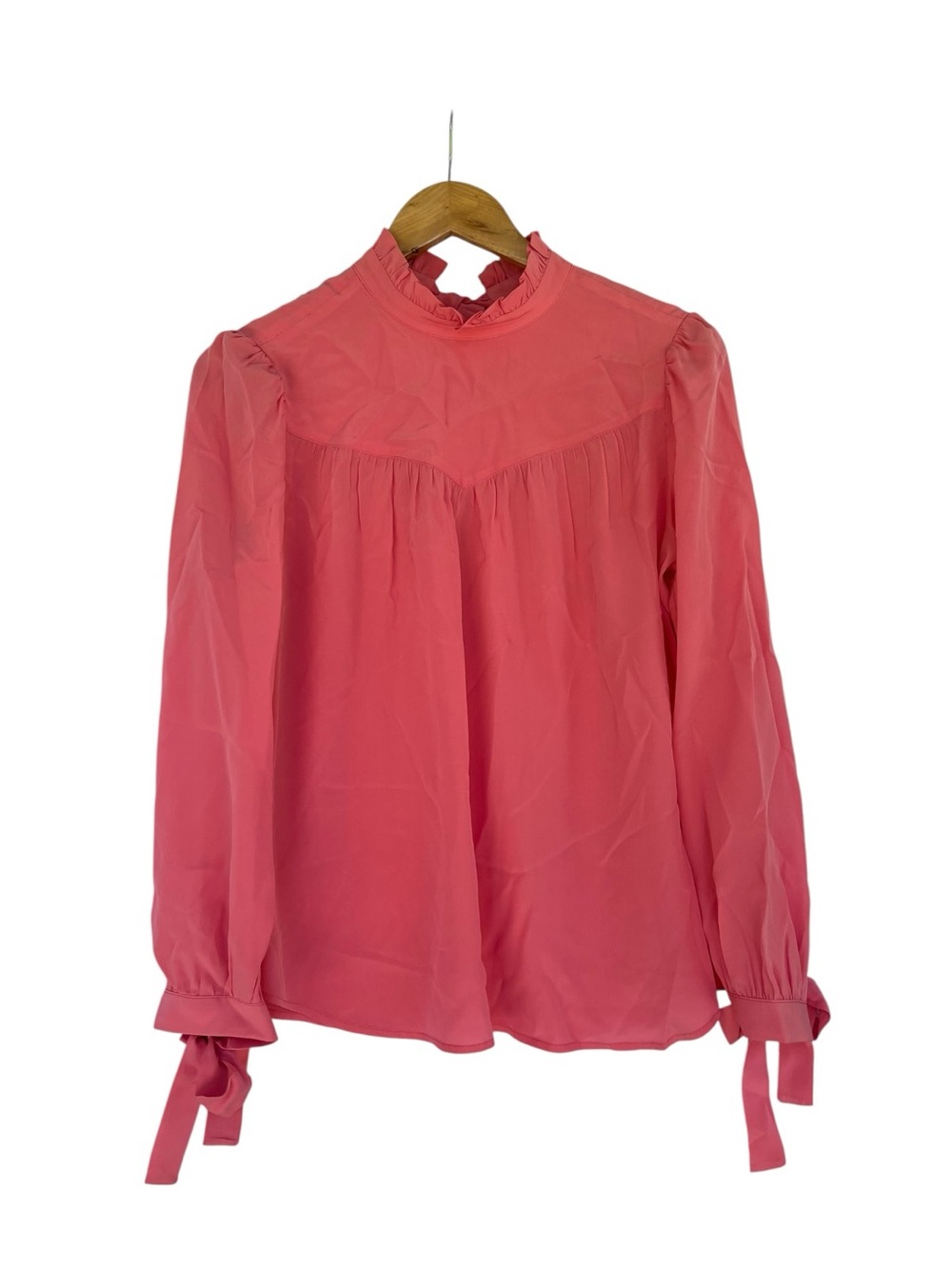 G. Label by Goop Ashley Silk Ruffle High Neck Yoke Bow Tie Blouse Pink 6